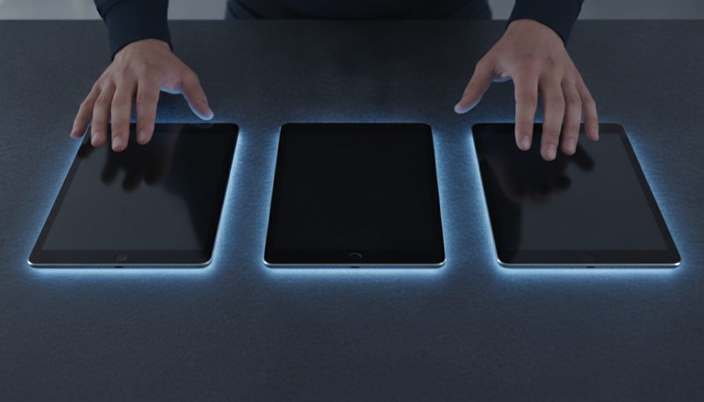 手が並んだタブレット型デバイスを比較検討している様子