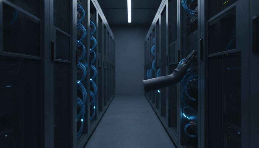 データセンターで青い光に照らされたサーバーとケーブル、人の手
