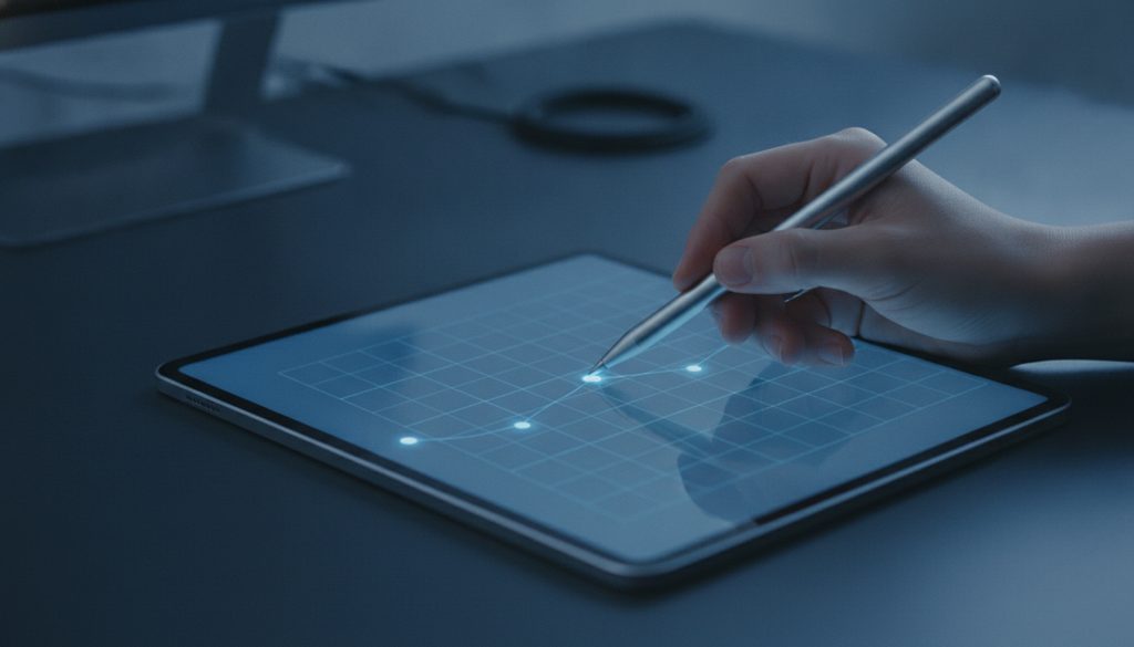 スタイラスでタブレット画面を操作する手元