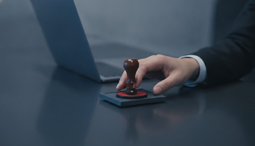 会社印を押そうとする手元とノートPC