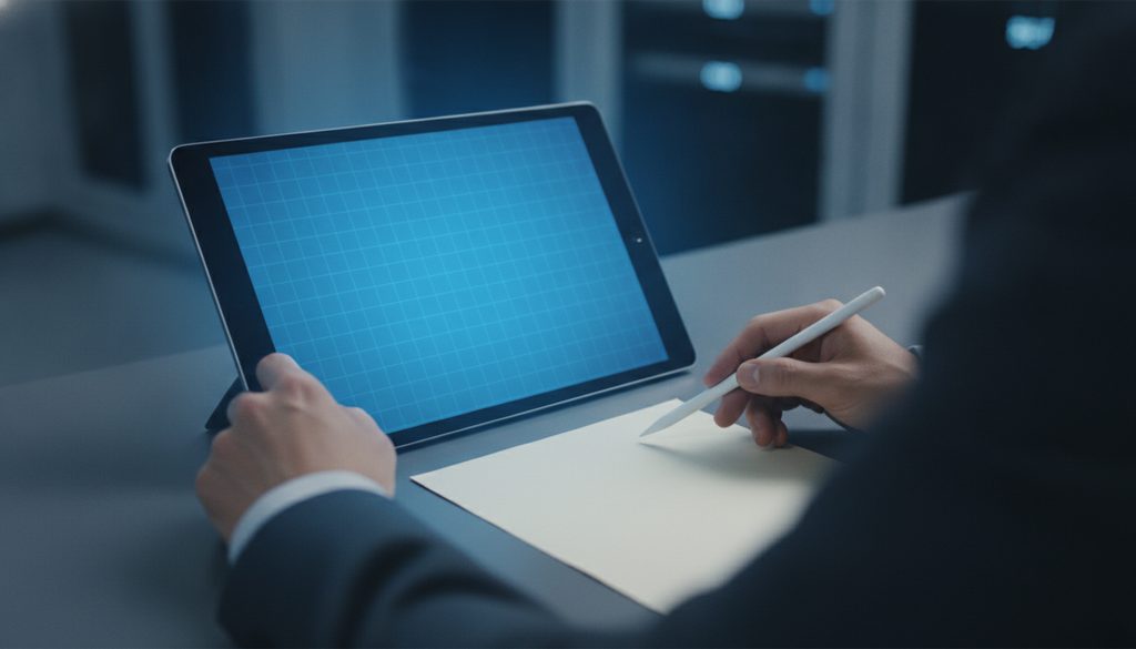 タブレットと資料を確認する手元