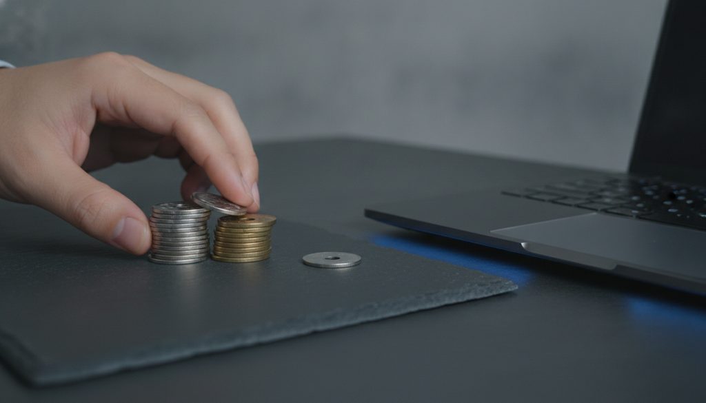 ノートパソコンと、その横に置かれた少量の硬貨に手を添える様子。