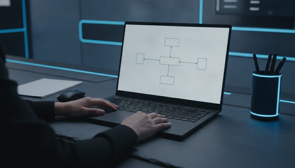 デスクでPCを見つめ、思案する手元