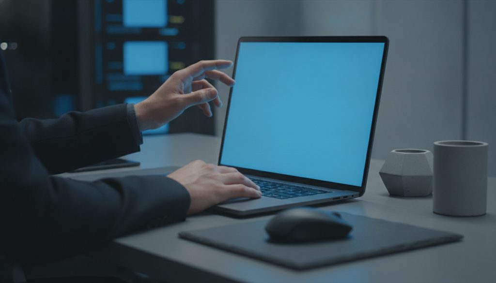 ノートPCの前に座り、画面を見る人の手元