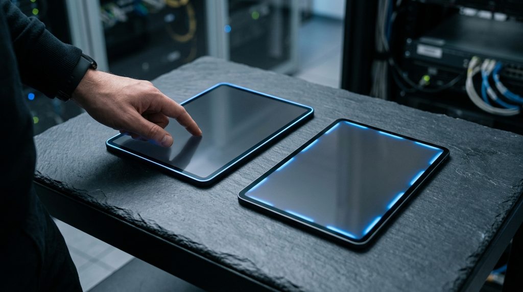 二つのタブレットとそれを指す手