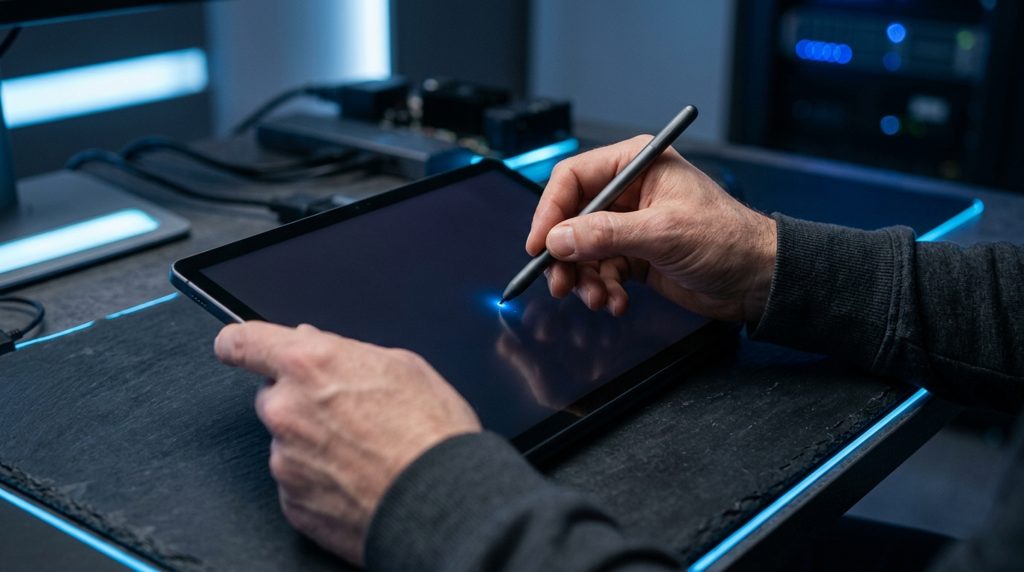 スタイラスでタブレットの画面を指す手元のアップ