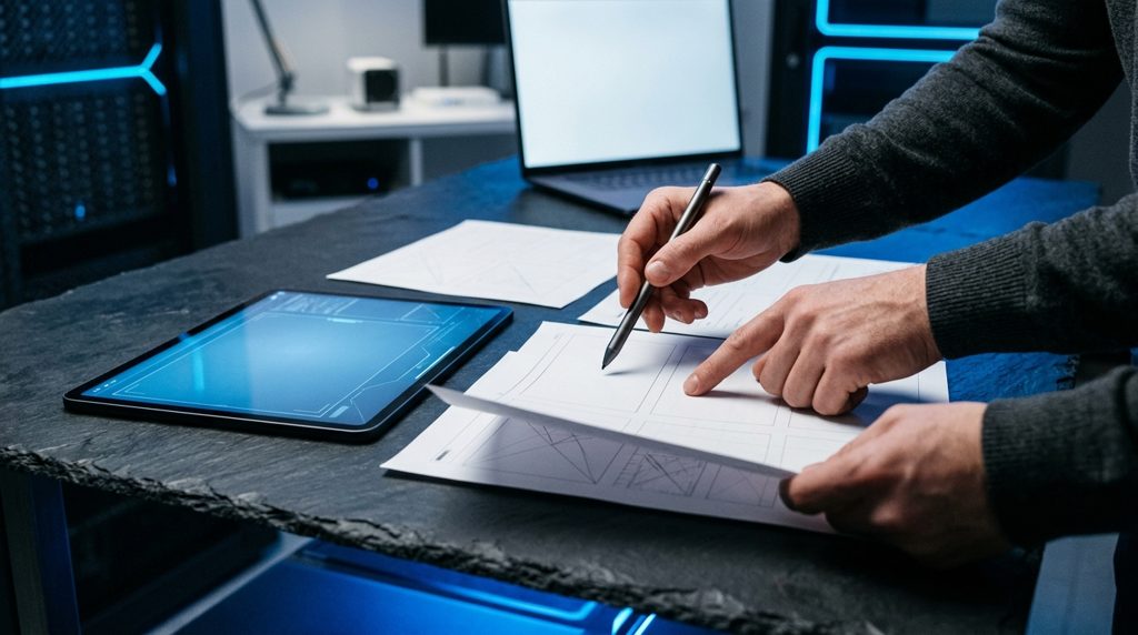 暗い机の上で、書類やタブレットを比較検討する手元。