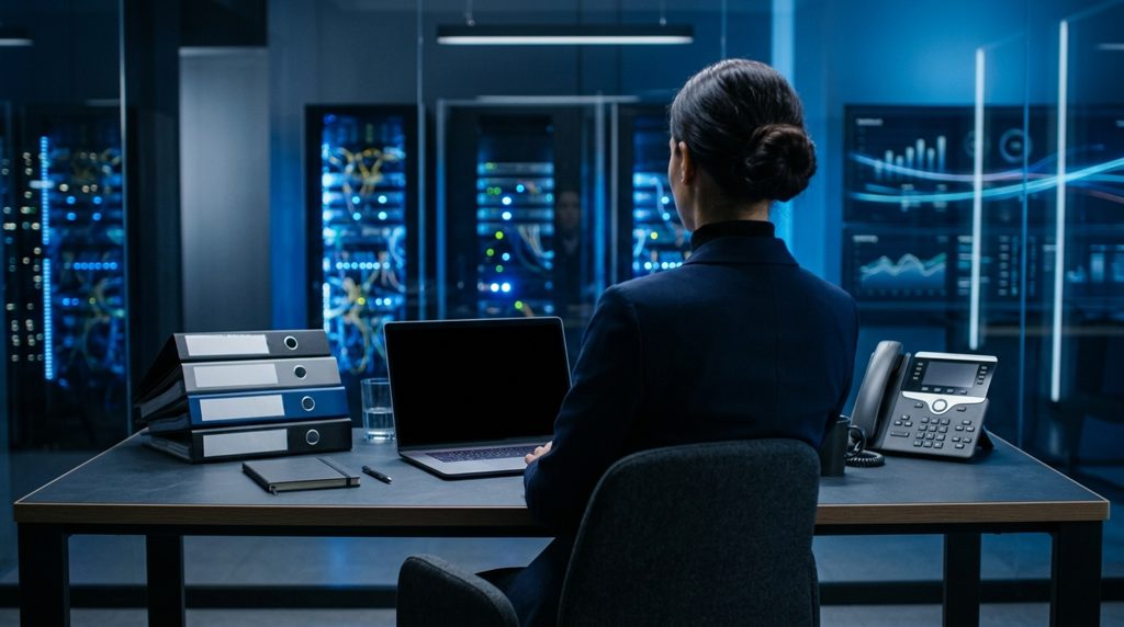 デスクでノートPCと書類、電話を前に座る人物の背中