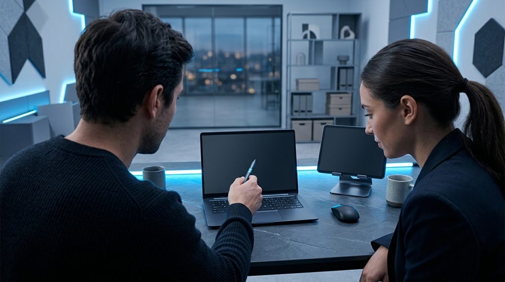 ノートPCの画面を指差す人とそれを見守る人