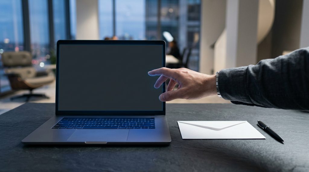 ダークな机に置かれたノートPCと、手に取られようとしているビジネス封筒