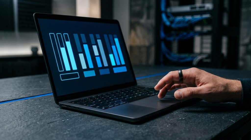 ノートPCの画面に表示された抽象的な比較表と手