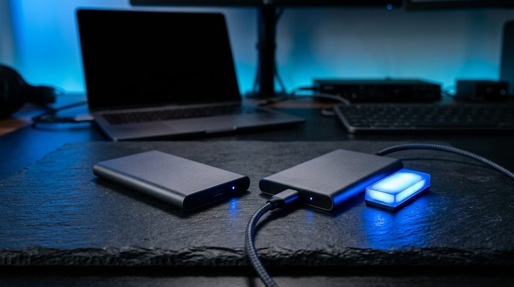 デスクに並んだ2つのSSDと青く光るモジュール
