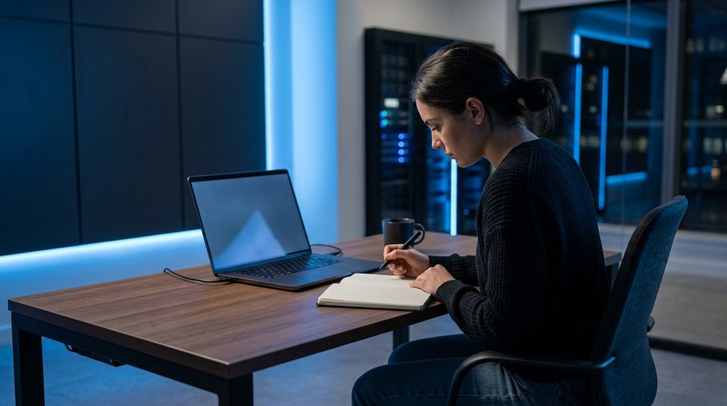 パソコンとノートで作業内容を検討する人の手元
