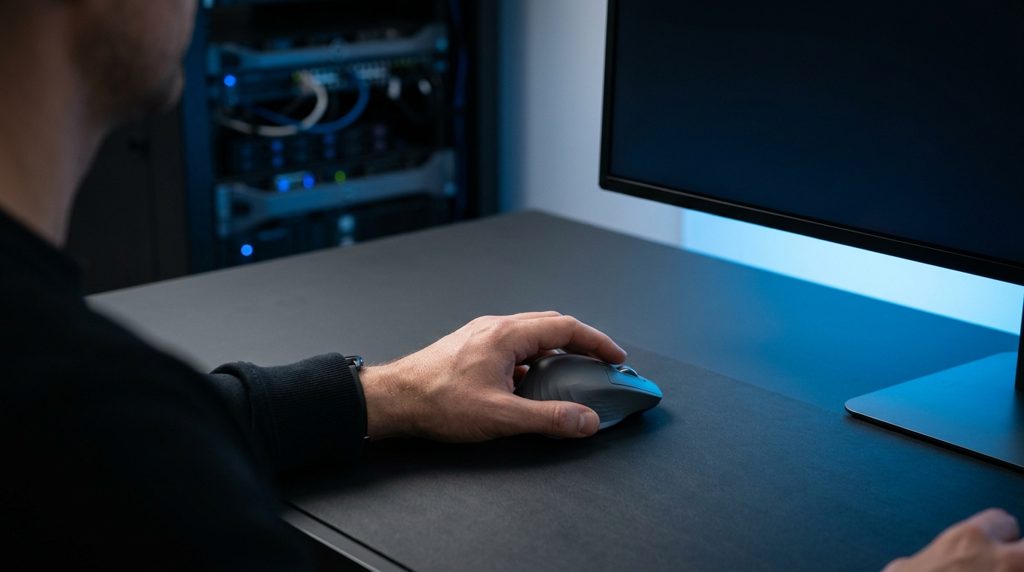 PCを操作する手元と、奥にサーバーラックが見える風景