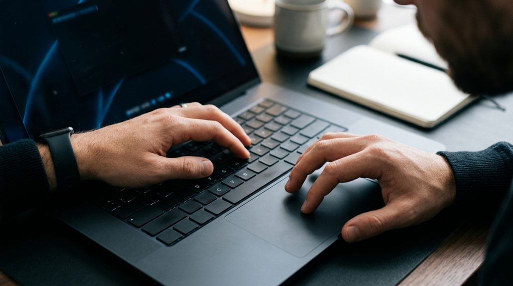 ノートパソコンのキーボードに手を置き、思案する手元