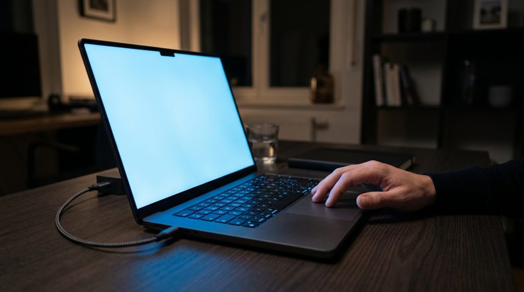 電源に繋がれたノートPCとキーボードに置かれた手元