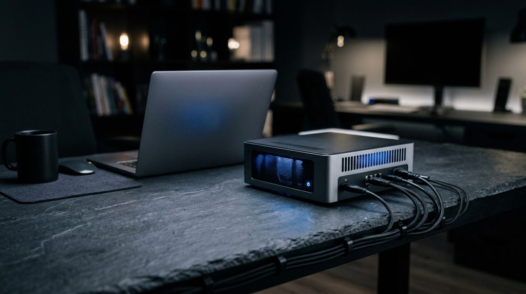 暗い机の上に置かれた小型サーバーと閉じたノートPC