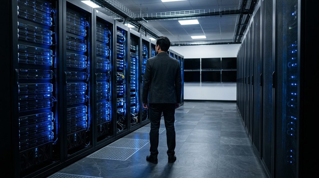 データセンターの内部で、青い光を放つサーバーラックを眺める人物