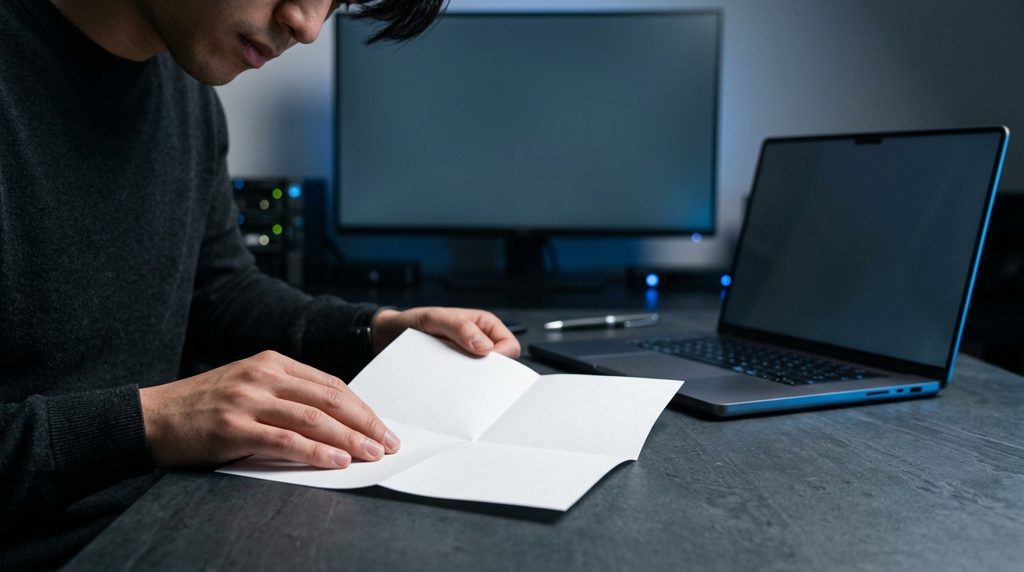 暗い机の上で、書類を慎重に確認する人物の手元