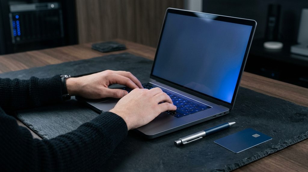 ダークな机でノートPCのキーボードに手を置く人