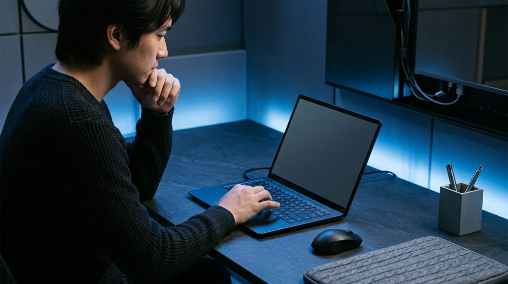 ノートPCの前で考え込む手元