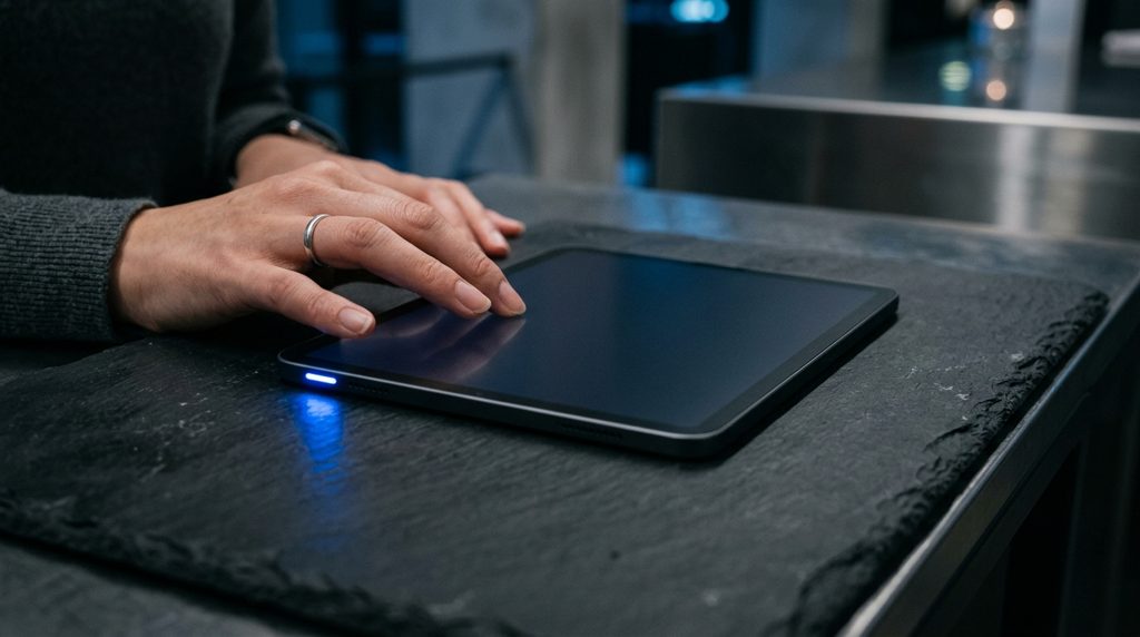 ダークな空間でタブレットを操作する手元