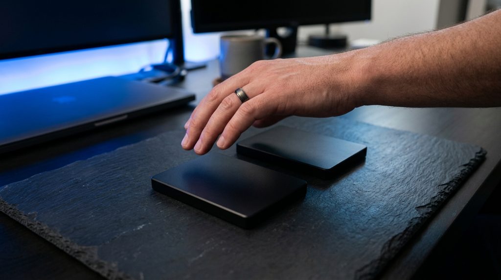 暗い机に並べられた二つの機器と、どちらかを選ぶ手