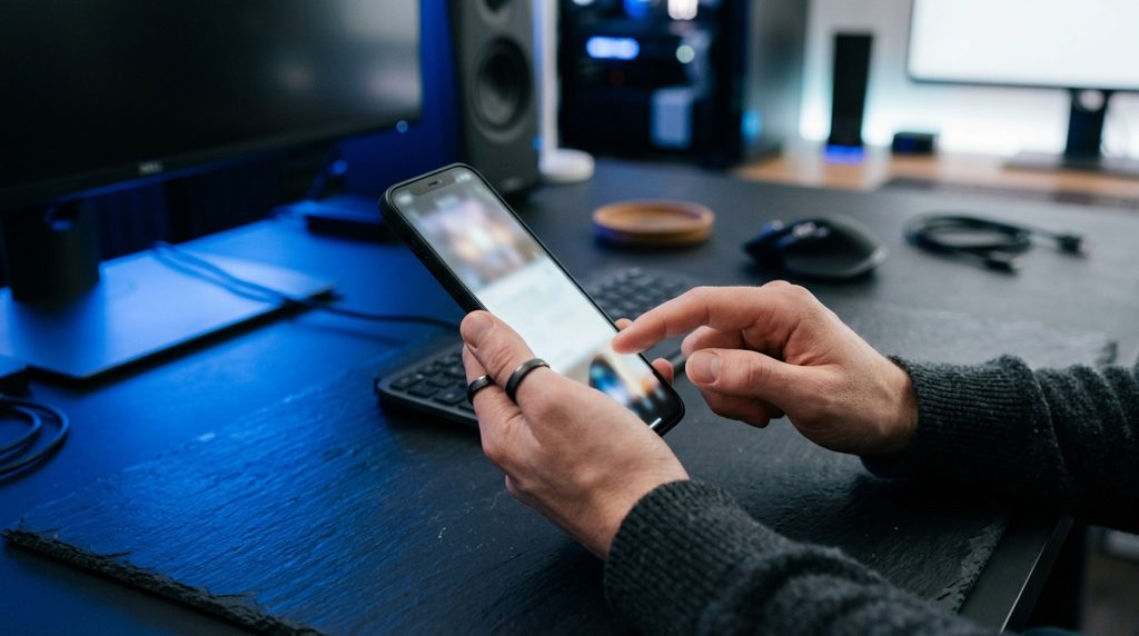 スマートフォンを操作し、内容を確認する手元