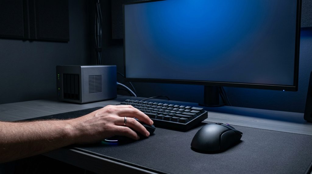 ゲーミングマウスに手を置く様子と、青く光るモニター、そして小型のネットワーク機器。