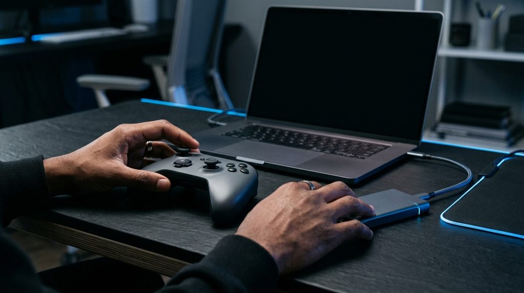デスク上でゲームコントローラーと外付けSSDを前に考える手