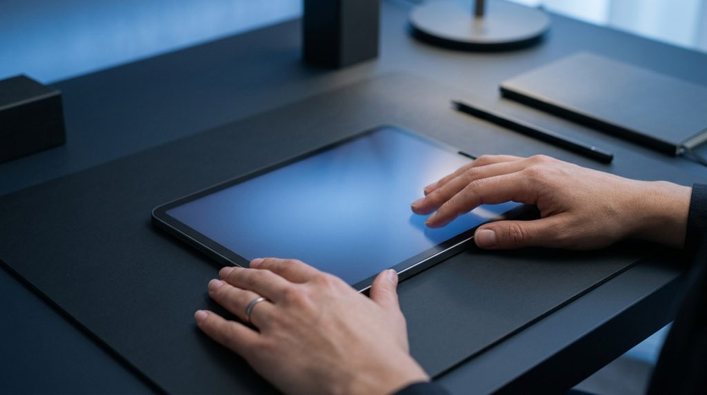 タブレットを操作する手元と青い光が印象的なテックワークスペース