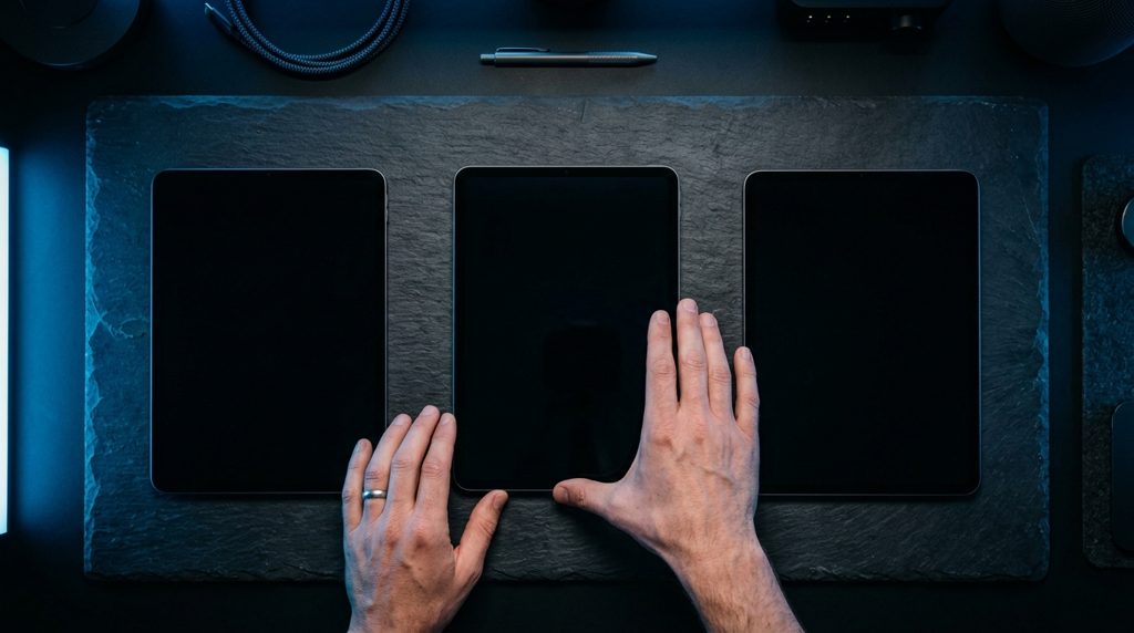 複数のタブレットを並べ、比較検討する人の手元