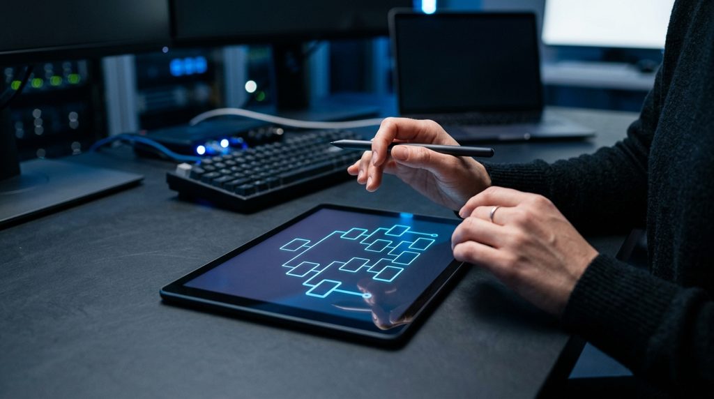 デジタルタブレットに表示されたフローチャートに手をかざす様子