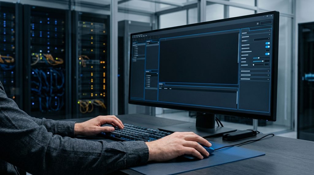 PCの画面で設定項目を真剣に確認する様子。