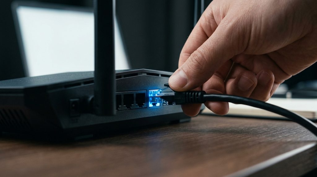 ルーターのポートにネットワークケーブルを挿し込む手元
