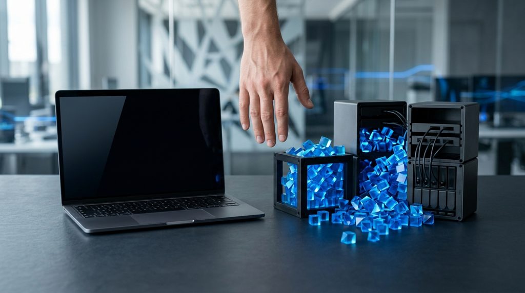 デスク上のPCと、データが溢れる大小のストレージユニット、手。