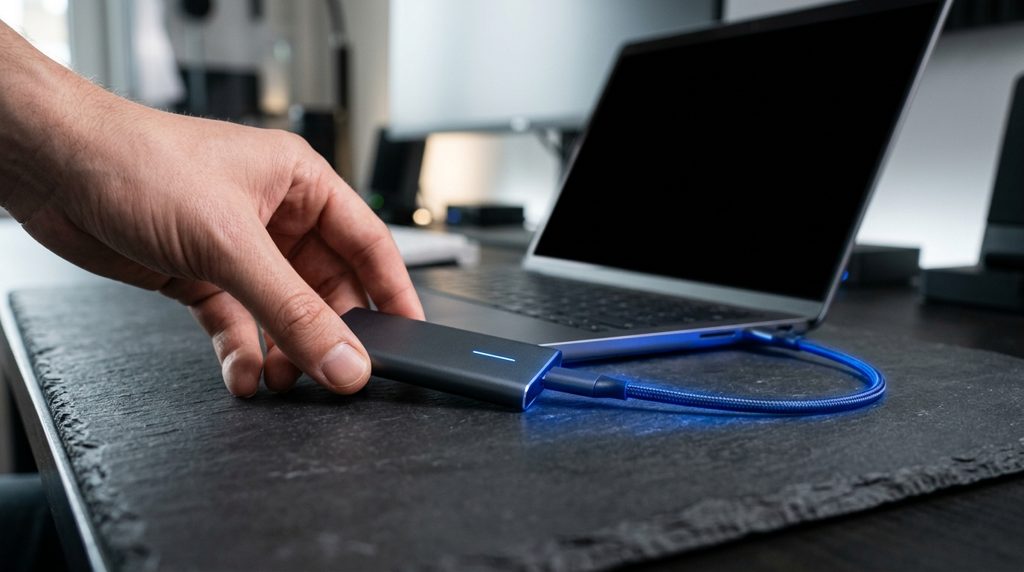 外付けSSDとノートPCを操作する手元、青い光
