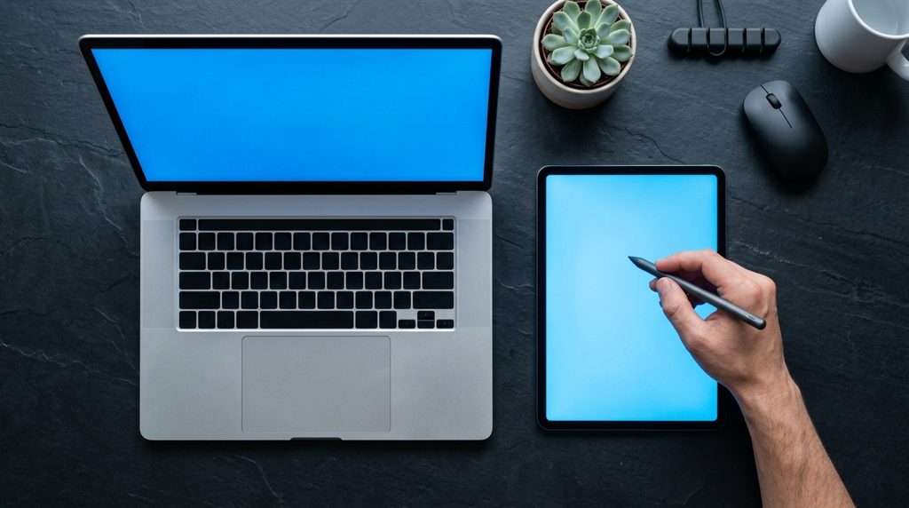高所から見た現代的なデスク。ノートPCとタブレットが置かれ、手がタッチしている。