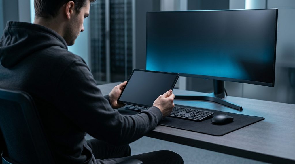 デスクでタブレットに集中する人の手元