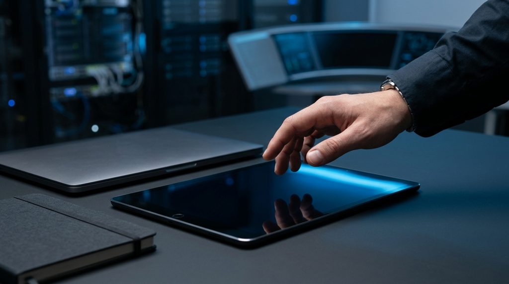 タブレットの画面に手をかざす様子