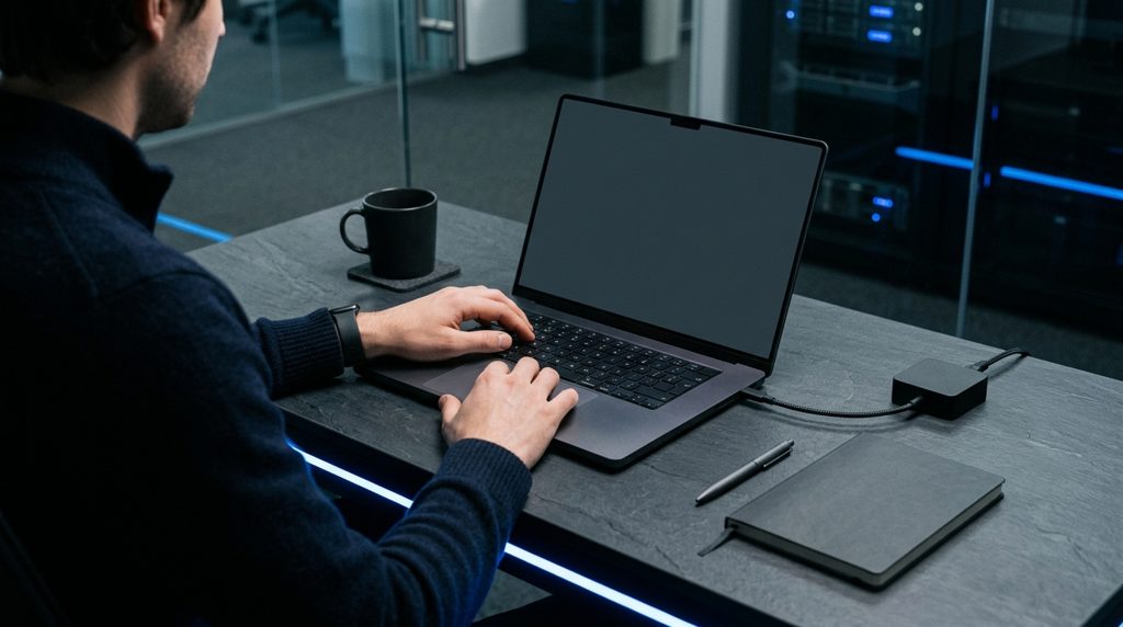 暗いデスクでPCを操作する人の手元