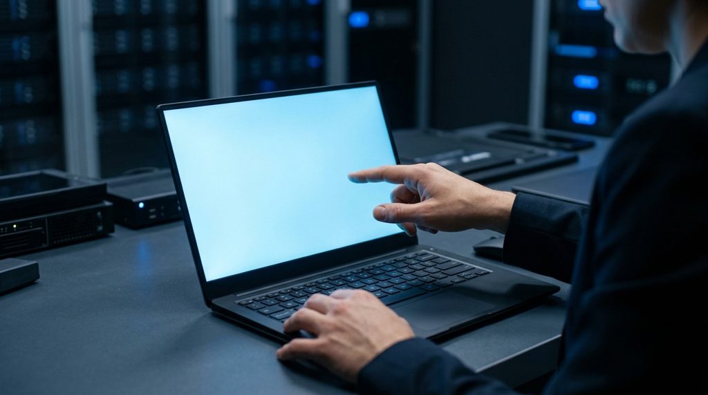 ノートPCの画面に指をかざす人の手元
