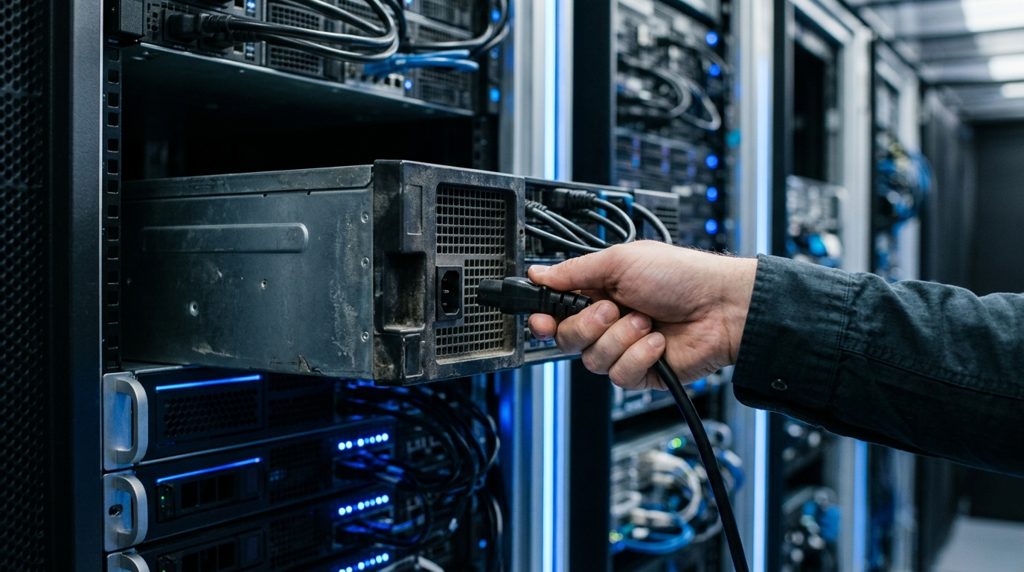 データセンターで古い機器のケーブルを抜く手