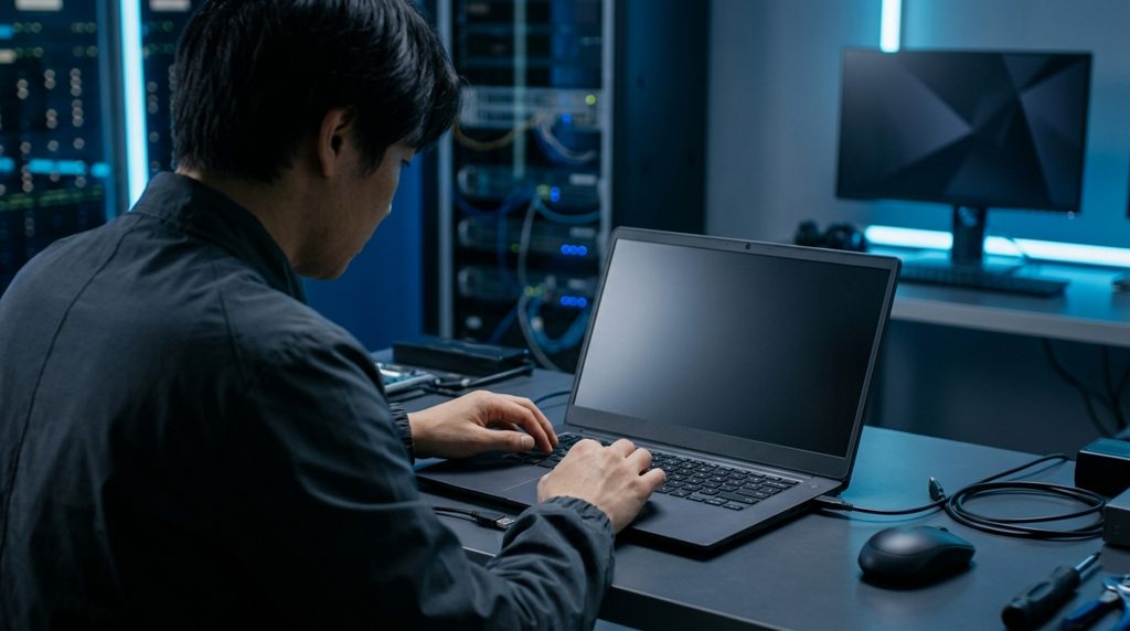 真っ白なノートPC画面を見てトラブルシューティングする様子