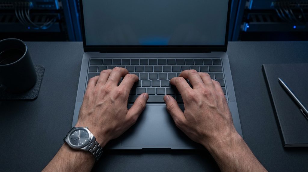 ノートパソコンのキーボードを操作する手元