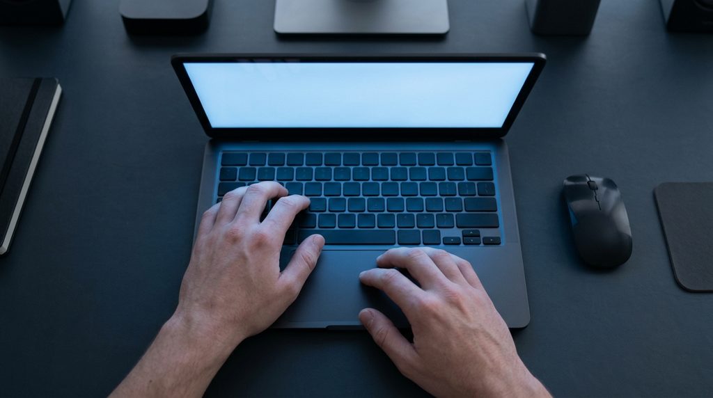 ダークな空間でノートPCのキーボードに置かれた手
