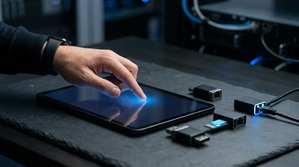 タブレットを操作する手と3つのネットワーク部品