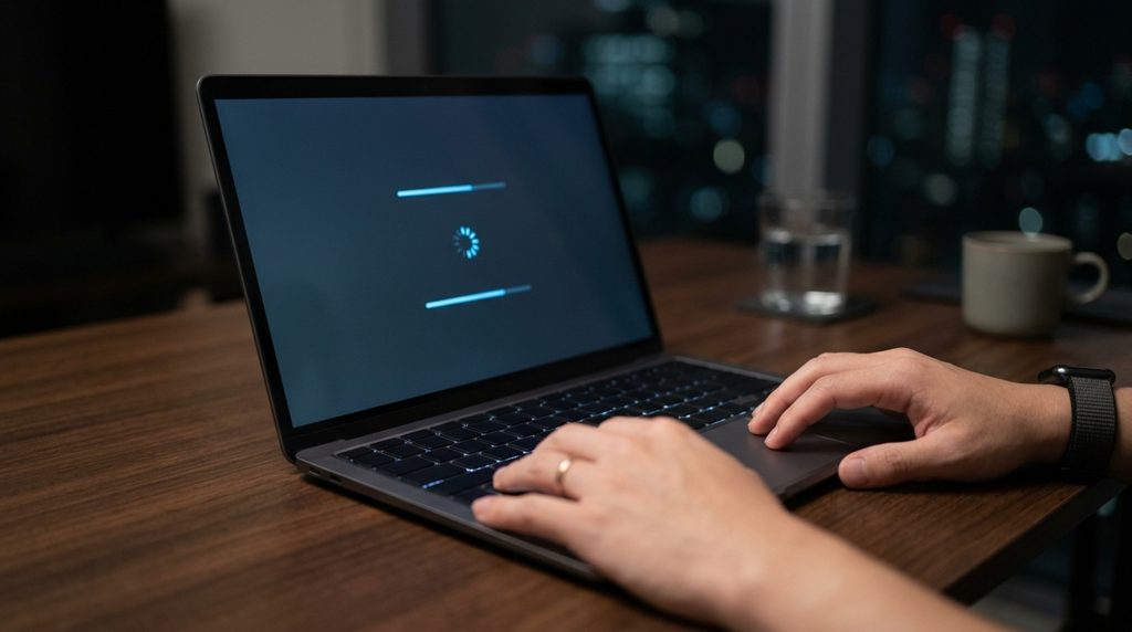 ノートパソコンの暗い画面と、キーボードに添えられた手元