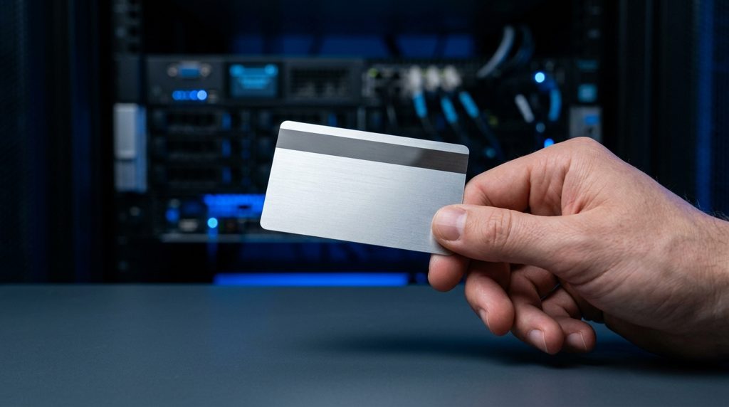 クレジットカードを持つ手とサーバーラック