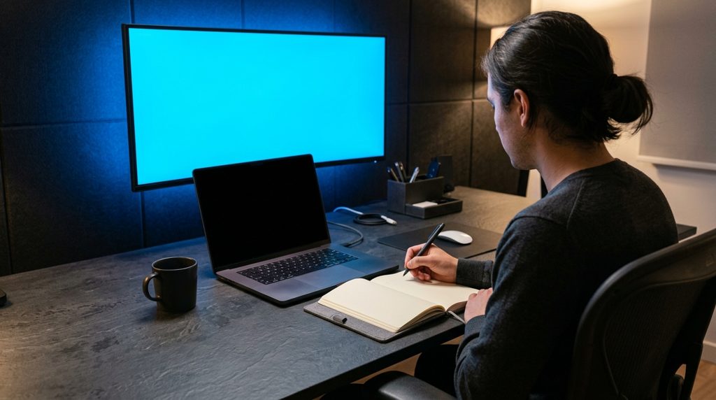 デスクで手帳に計画を書き込む人物とPC